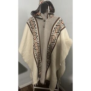 Native Arts Poncho Unisex One Size 100% Wool Southwestern Hooded Fringe